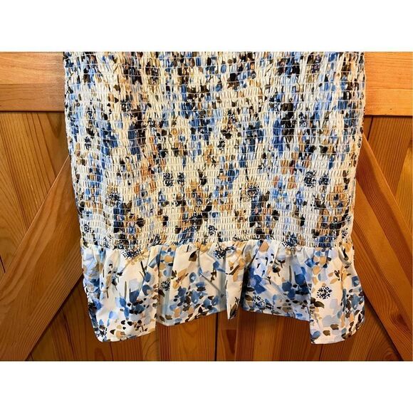 NSR Puff Sleeve Smocked Mini Dress Satin Short  Ivory Blue Floral Size Small nwt - Picture 3 of 7